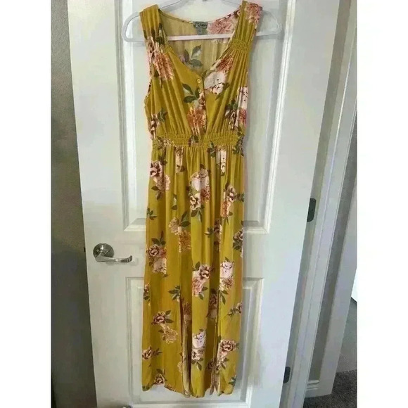 J FOR JUSTIFY yellow Floral Size Large maxi dress CUTE sleeveless - Picture 1 of 7
